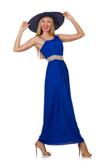 Fototapeta premium Beautiful woman in long blue dress isolated on white