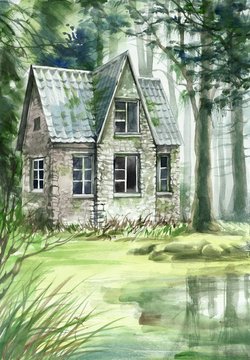Haunted house in the coniferous forest original watercolor painting.