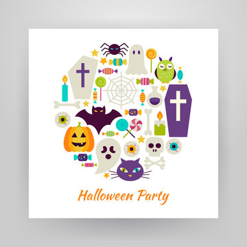 Flat Style Circle Vector Set of Halloween Holiday Objects over w