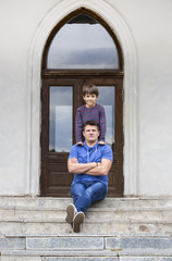 father and son on a walk in the autumn park