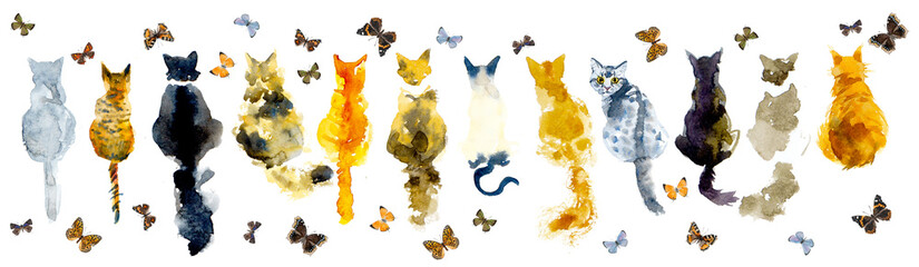 Cats and butterflies. Seamless border stripe. Watercolor hand drawn illustration
