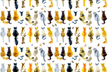 Cats and butterflies seamless background. Watercolor hand drawn illustration