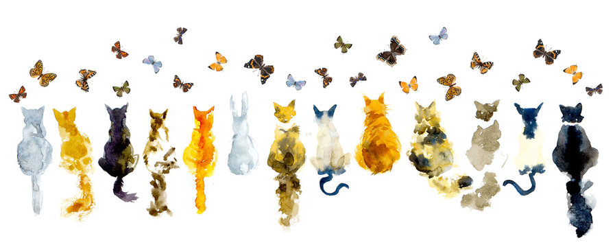 Cats and butterflies. Seamless border stripe. Watercolor hand drawn illustration