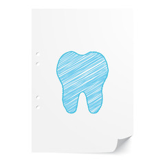Blue handdrawn Tooth illustration on white paper sheet with copy