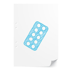 Blue handdrawn Tablet Strip illustration on white paper sheet wi