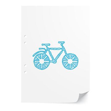 Blue handdrawn Bicycle illustration on white paper sheet with co