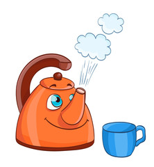 cartoon kettle with boiling water with eyes and a cup