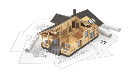 The three-dimensional image of a modern wooden house on a background of drawings. Objects isolated on white background.