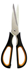 Scissors isolated on a white background  with clipping path. Closeup with no shadows. Tools for tailors and for office workers.  Scissors with black and orange plastic handle. Open scissors..