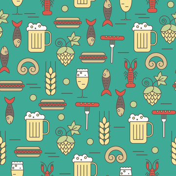 Seamless pattern beer and snack icons.