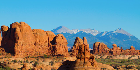 Grand view of Arches National Park and the La Sal Mountains near Moab, Utah