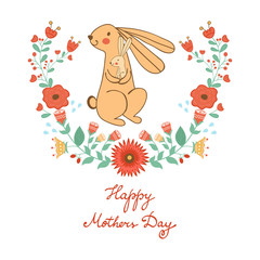 Happy Mothers day card with cute rabbits mom and kid