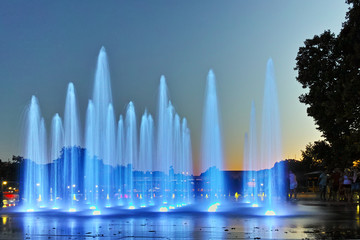 Night photo of Singing Fountains in City of Plovdiv, Bulgaria