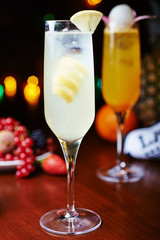 white tropical alcohol cocktail or lemonade with decoration.