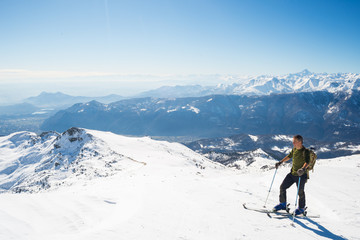 Fototapeta na wymiar Back country skiing in scenic alpine setting