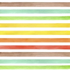 Papier Peint photo Rayures horizontales Véritable motif harmonieux d& 39 aquarelle dessiné à la main avec des bandes horizontales jaunes, vertes et brunes. Modèle sans couture de grunge abstrait. Bandes sur fond blanc.