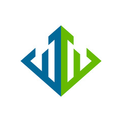 Bold Blue and Green Abstract Double 'W' Letter Initial | Diamond Shape Monogram Logo