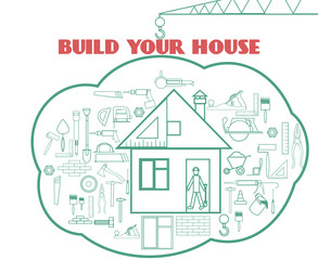 Vector illustration with building web icons around cute house