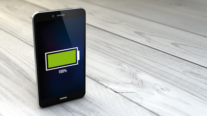 smartphone over white wooden background full battery