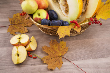 Melon,apples and plums of autumn still life