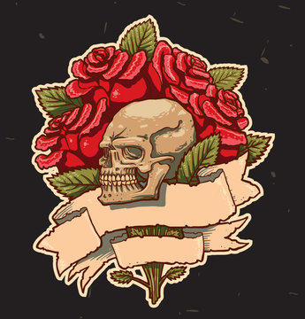 Vector some roses skull and banner on a black background.