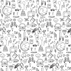 Everyday things, handdrawn, black and white, seamless pattern