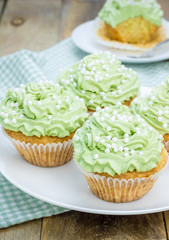 Healthy muffins with ricotta cheese and matcha frosting