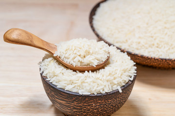 close-up of jasmine rice on wooden table