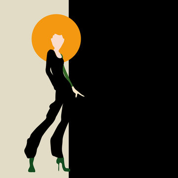 Abstract sketch of a woman in a black trouser suit and an orange hat. Collection of clothing, logo, fashion