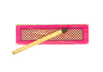 Match on an old and used red or pink box isolated over a white