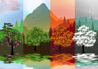 Four Seasons Banners with Abstract Forest and Mountains, Lake Reflection - Vector Illustration