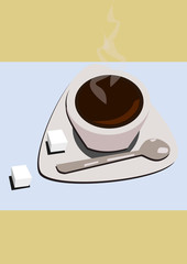 
A cup of hot coffee or chocolate with two lumps of sugar