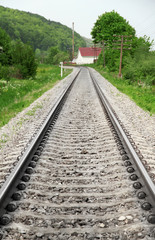Fototapeta premium Railway track over green trees background