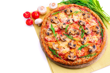 Tasty pizza with vegetables and napkin isolated on white