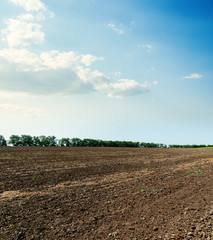 arable soil after harvesting and clouds in blue sky