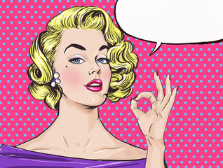 Pop Art blond girl is showing OK sign  with speech bubble,.Pop Art girl. Party invitation. Birthday greeting card.Hollywood movie star.Vintage advertising poster. Comic woman with speech bubble. Sexy