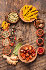 Spices on a wooden background. Top view