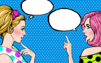 Pop Art girls with speech bubble. Party invitation. Birthday greeting card.Vintage advertising poster. Comic woman with speech bubble. Sexy  girls. Gossip girls with speech bubbles.  © lucky1984