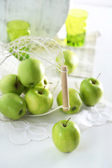 Green apples on windowsill, closeup