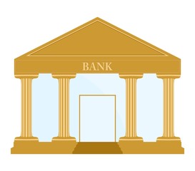Obraz premium Gold Bank building with columns, stairs, roof inscription bank door and glass wall