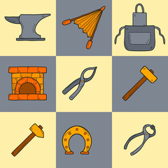 Set of cartoon icons in hand drawn style on blacksmith theme