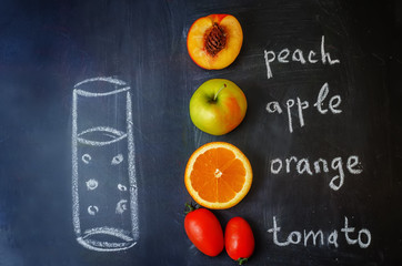 Peach, orange, tomato; Apple fruits with words is written with c
