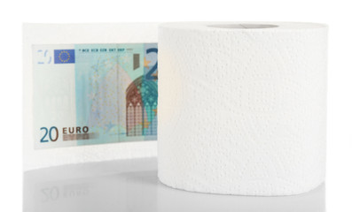 Toilet paper and euro banknote on light background