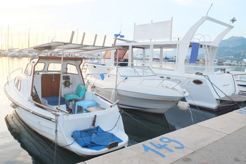 Fototapeta premium Boats in the in the bay of Bar, Montenegro
