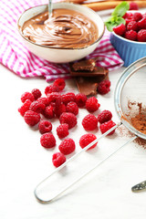 Beautiful composition with chocolate cream and raspberries