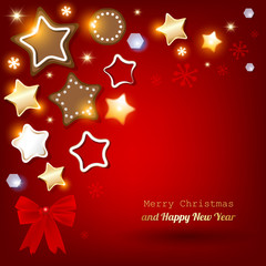 Merry Christmas postcard with gingerbread & cookies on a red background.