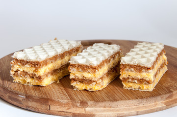 Chocolate homemade wafers on the wooden board