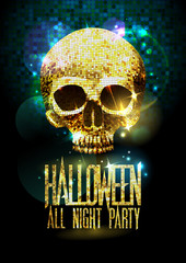 Naklejka premium Halloween party poster with gold sparkles skull.