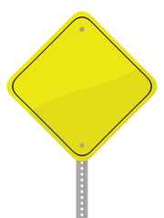 Glossy yellow reflective caution road sign isolated on a white b