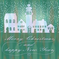 Green christmas background with town silhouette in snowfall with calligraphic inscription, merry christmas and happy new year